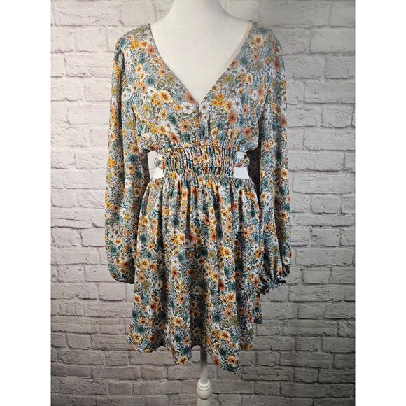 No Comment Womens L Floral‎ Dress & Side Waist Slits Puffy Sleeves Boho - Picture 2 of 16